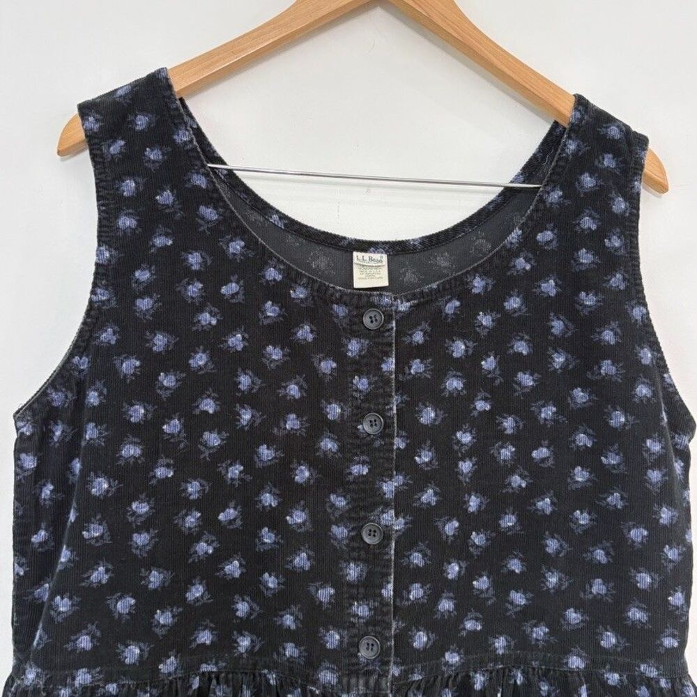 Vintage LL Bean Corduroy Dress Sz 12 Black Floral Button Front Midi Cottagecore - Picture 4 of 10
